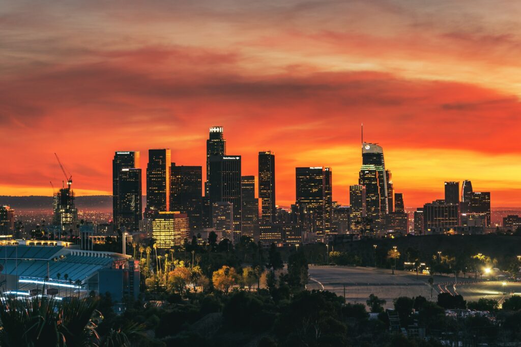 The Los Angeles skyline during golden hour.